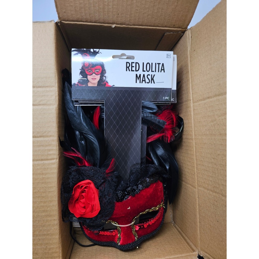 Case of 6 Red Lolita Mask Masquerade Feather Lace Rose Costume Accessory